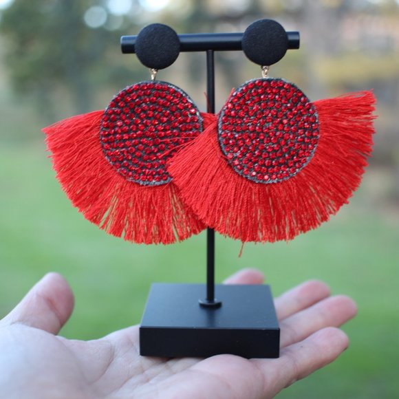 New Red Fringe Sparkle Statement Dangle Earrings - Picture 4 of 13